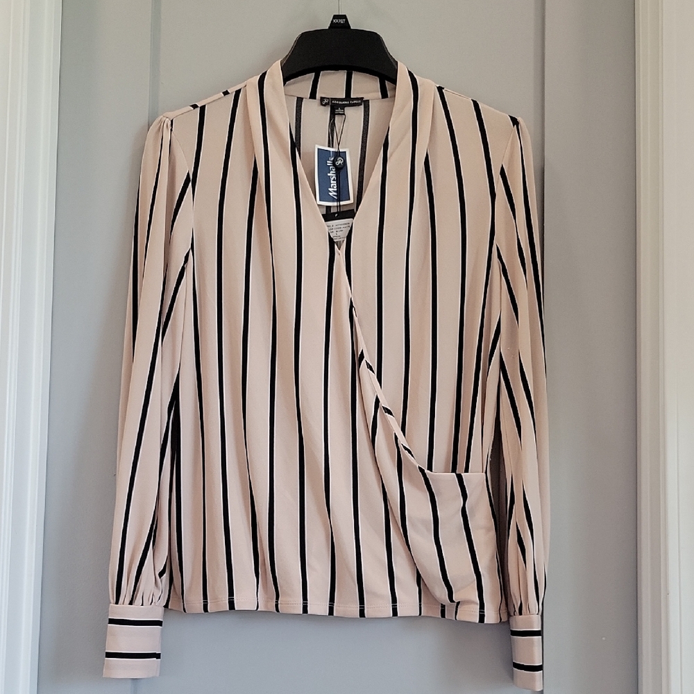 Adrianna Papell Cream and White Wrap Blouse with Mandarin Collar
